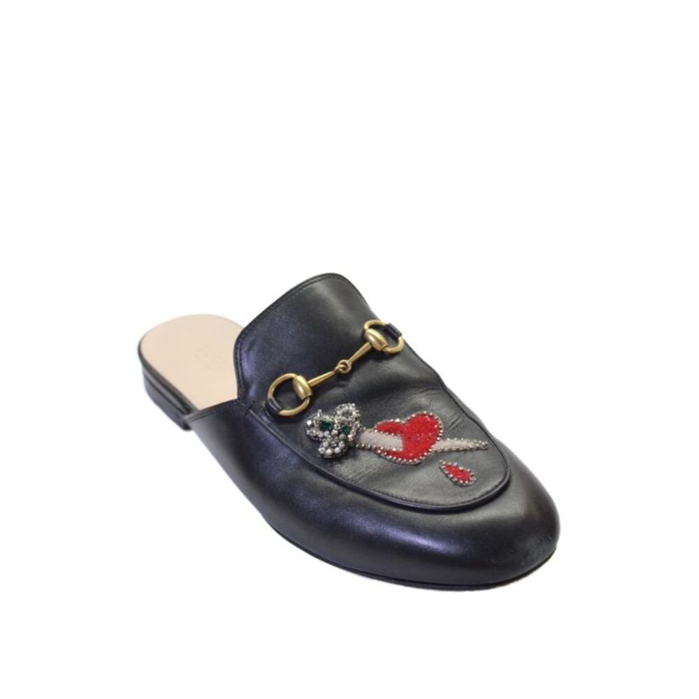 Gucci Women's Leather Gold Tone Embellish Mules Sandals Black Size 39.5